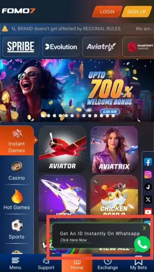 Online Betting ID options showcased on the FOMO7 India homepage with game icons, welcome bonus banner and WhatsApp instant ID prompt.