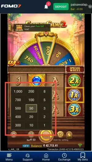 Fortune Gems 2 Demo bet selection menu showing multiple stake options and multipliers during gameplay on FOMO7 India.