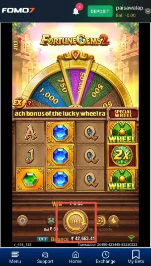 Fortune Gems 2 Demo gameplay showing spin button, bet amount and balance during live slot play on FOMO7 India.