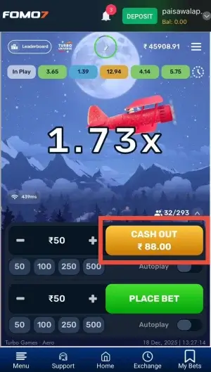 Aero Game Demo displaying red plane at 1.73x multiplier with ₹88 cash out during live gameplay, FOMO7 India