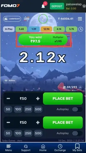 Aero Game Demo win screen showing 2.12x multiplier and ₹97.5 winning result on crash game interface, FOMO7 India