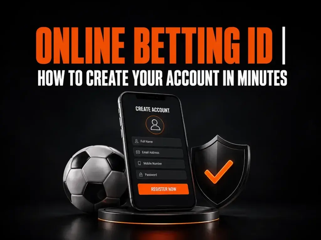 Online Betting ID account creation guide for FOMO7 India showing a phone signup screen, a soccer ball, and a check shield.