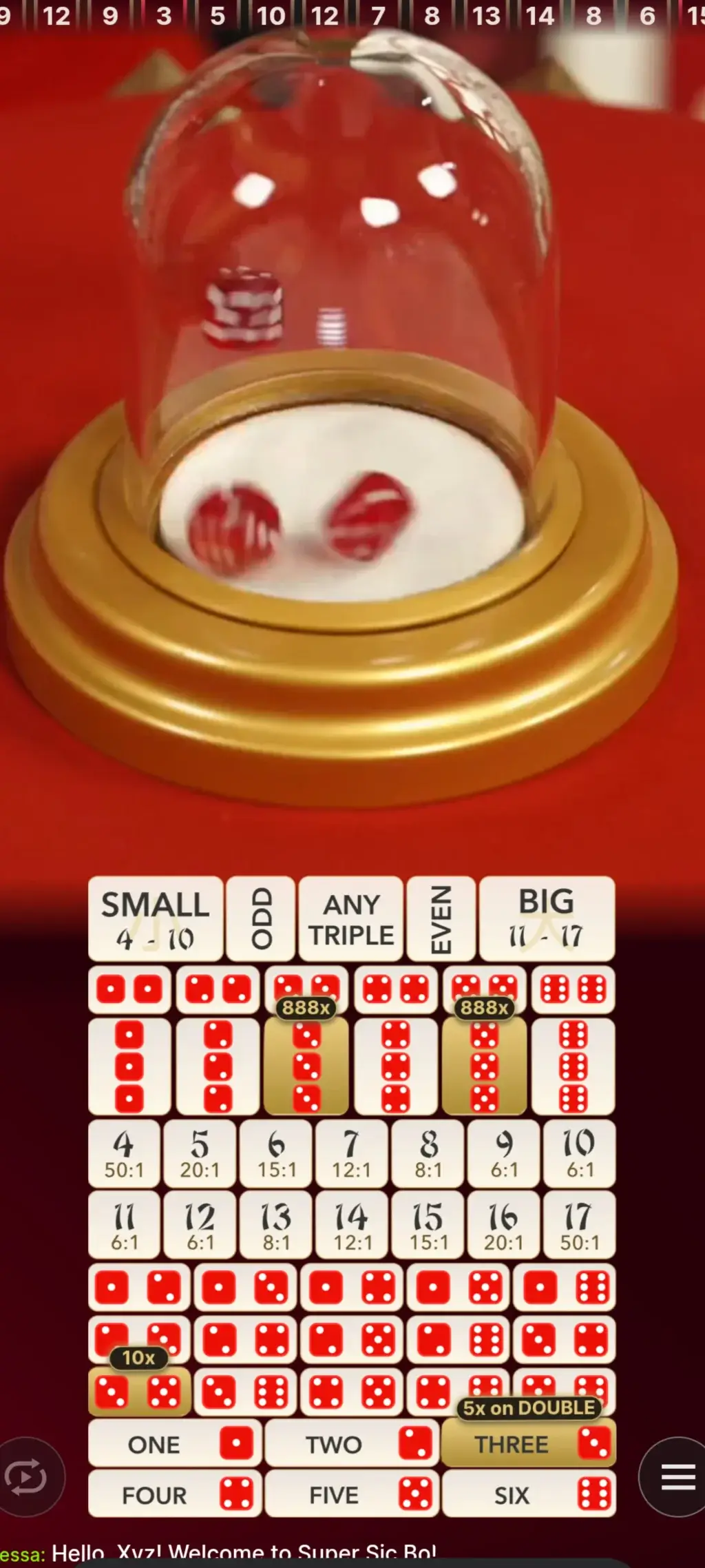 Live Super Sic Bo gameplay showing random multipliers like 5x and 10x and 88x highlighting specific betting spots after bets are closed.