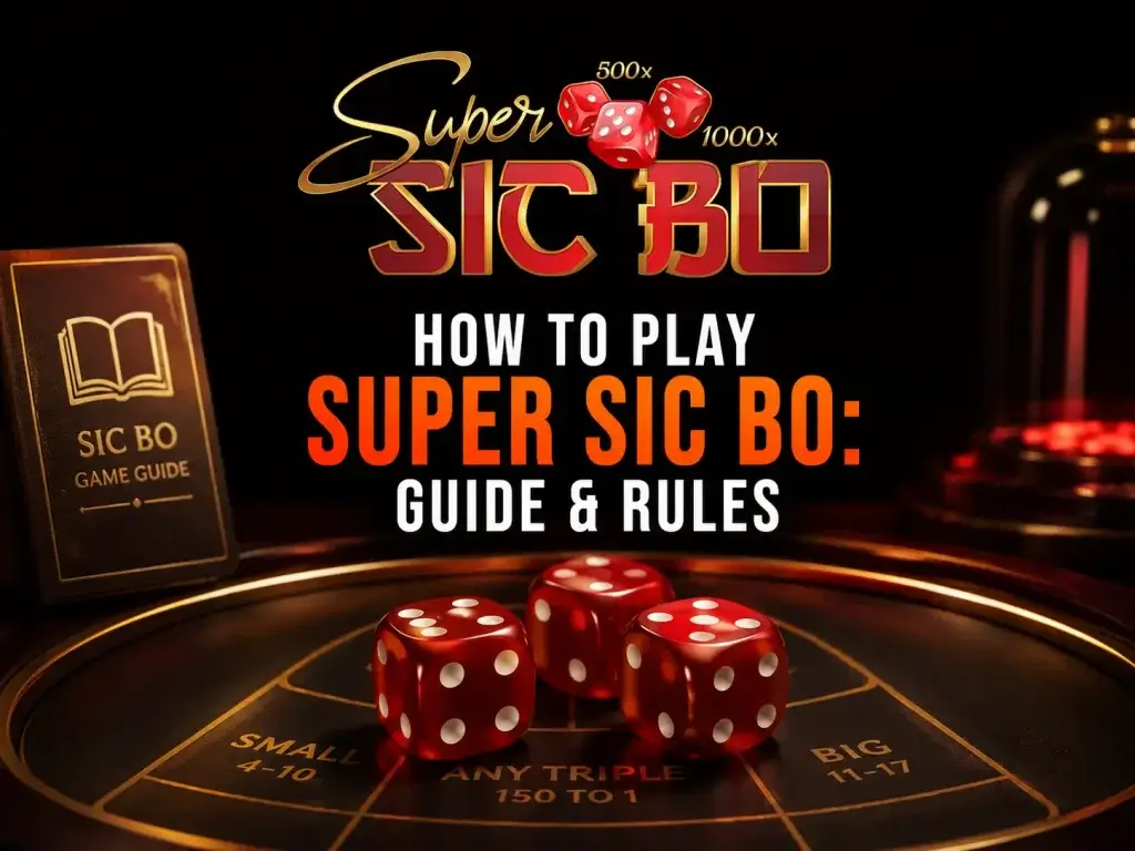 How to play Super Sic Bo guide on FOMO7 India featuring three red dice on a betting board and a game guide book.