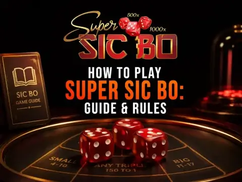 How to play Super Sic Bo guide on FOMO7 India featuring three red dice on a betting board and a game guide book.
