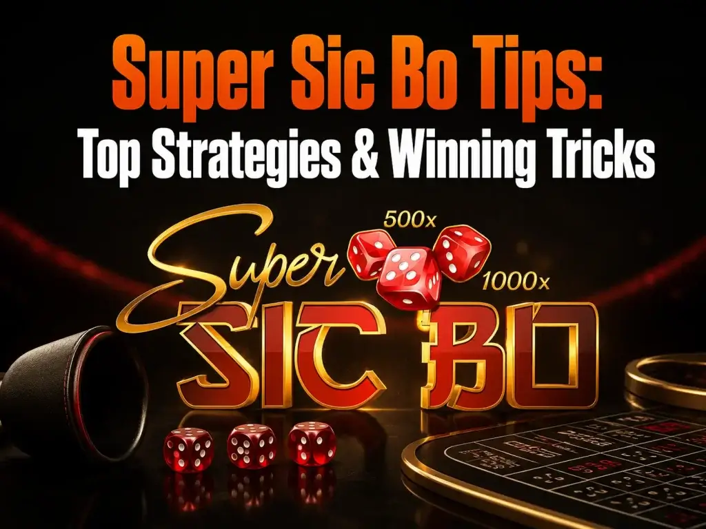 Super Sic Bo tips guide on FOMO7 India featuring floating red dice, a betting table grid, and a black dice shaker cup.