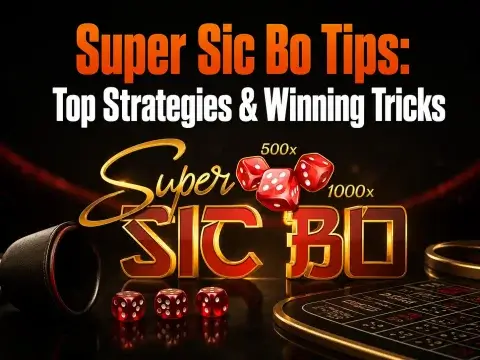 Super Sic Bo tips guide on FOMO7 India featuring floating red dice, a betting table grid, and a black dice shaker cup.