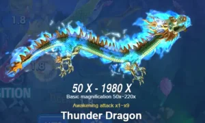 JILI Ocean King Jackpot Thunder Dragon Awakening Boss, soaring through the skies with electric fury, in FOMO7 India’s boss battles.