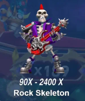 JILI Ocean King Jackpot Rock Skeleton, rocking out with an electric guitar, bringing powerful rewards in FOMO7 India’s thrilling deep-sea game.