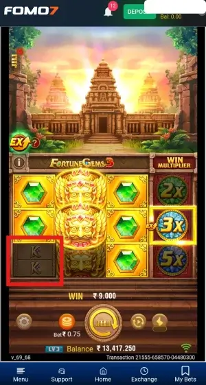 Fortune Gems 3 spin result showing a split K symbol highlighted, with a 3x Win Multiplier applied for a ₹9.00 win.