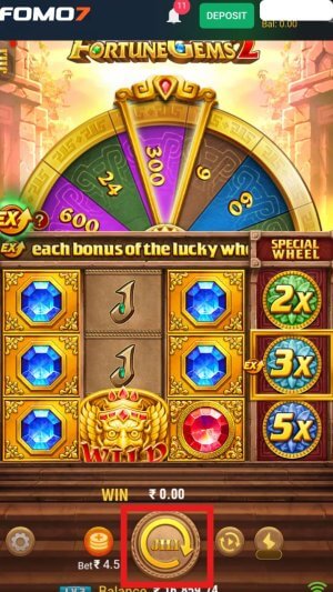 Fortune Gems 2 gameplay screen with the Spin button highlighted, ready to spin at ₹4.5 bet.