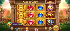 Fortune Gems Extra Bets mode activated showing multiplier reels and bonus feature on the FOMO7 India slot game interface