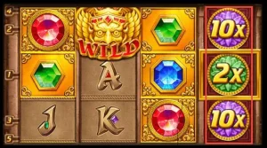 Fortune Gems special multiplier reel showing 10x and 2x win multipliers during gameplay on the FOMO7 India slot interface