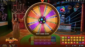 Evolution Funky Time round history, featuring the game's colorful wheel and player stats.