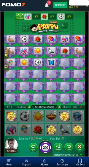 Pappu Playing Pictures board showing Extra Pay Crit multipliers of 20x and 30x applied to selected icons, boosting potential payouts up to 50x.