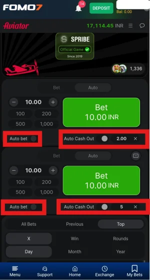 FOMO7 Aviator game screen showing two bet panels, each set to 10.00 INR with green Bet buttons. Both panels display Auto Bet and Auto Cash Out toggles highlighted with red borders &mdash; the first panel has Auto Cash Out set to 2.00x and the second set to 5x. 