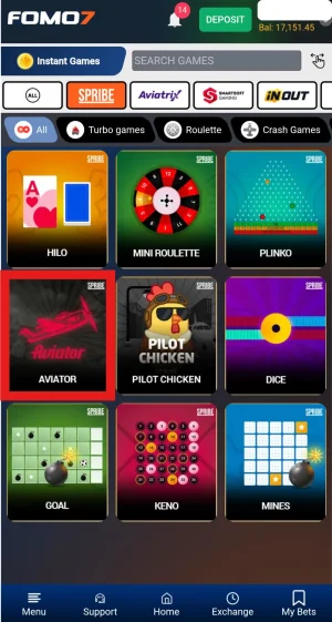  Instant Games &rarr; Spribe &rarr; Aviator. Three clicks and you're in.