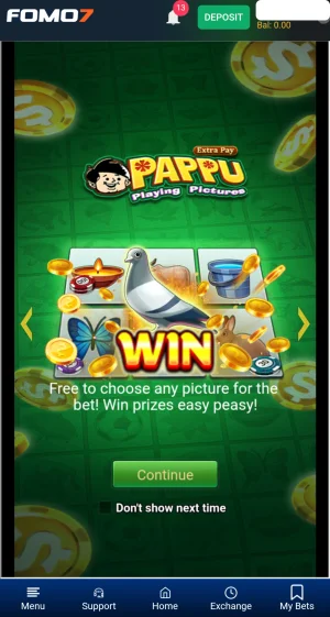 Pappu Playing Pictures intro screen showing the Extra Pay feature with picture symbols and a prompt to choose any picture to win.