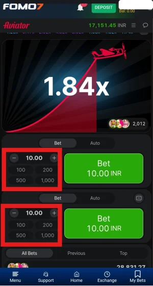 FOMO7 Aviator game screen showing an active round with the multiplier at 1.84x, as a red plane flies along an ascending curve. Below the game area, two bet panels are open simultaneously &mdash; both highlighted with red borders &mdash; each set to 10.00 INR with quick-select preset amounts of 100, 200, 500, and 1,000. 