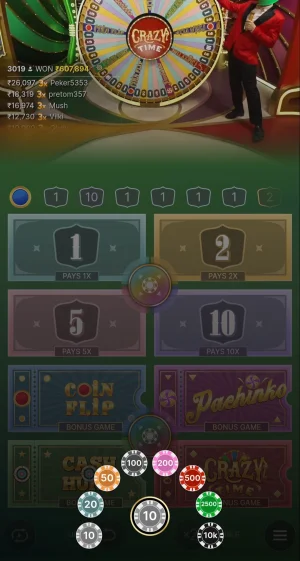 Crazy Time live casino betting board showing number segments (1, 2, 5, 10) and four bonus games &mdash; Coin Flip, Pachinko, Cash Hunt, and Crazy Time &mdash; with chip sizes from ₹10 to ₹10K.