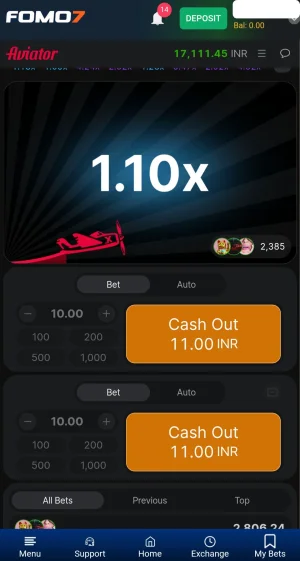 FOMO7 Aviator game screen showing an active round with the multiplier at 1.10x, as the red plane climbs upward along a rising curve. Both bet panels are active with 10.00 INR bets, each displaying an orange Cash Out button showing a potential payout of 11.00 INR &mdash; reflecting the current 1.10x multiplier. 
