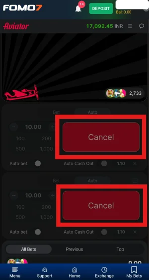 FOMO7 Aviator game screen showing the betting phase before a round starts, with the red plane visible on the launch pad at the bottom left. Both bet panels &mdash; each set to 10.00 INR &mdash; display large red Cancel buttons highlighted with red borders, indicating that bets have been placed and are locked in while waiting for the round to begin. 