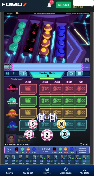 KM Marble Knockout betting screen showing chip selection with multipliers up to 5x across four marble teams in Friendly Room 1.