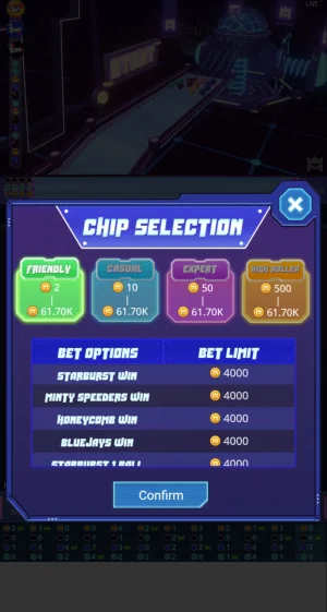 KM Marble Knockout Chip Selection screen showing four room tiers — Friendly, Casual, Expert, and High Roller — with bet limits up to 4,000 chips per option.