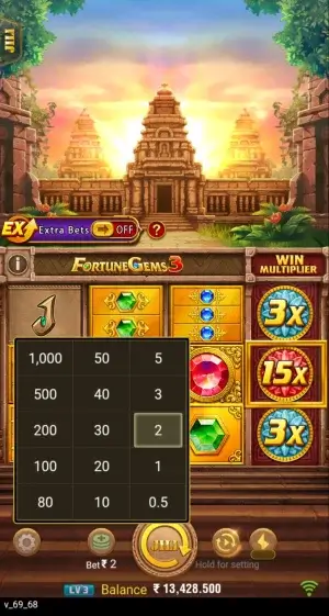 Fortune Gems 3 bet selection grid showing options from ₹0.5 to ₹1,000.