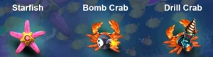 JILI Happy Fishing: Starfish, Bomb Crab, and Drill Crab characters from the game, with FOMO7 India branding, ready for action in the underwater world.