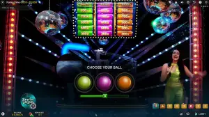 Evolution Funky Time Stayin Alive bonus round with a disco theme, featuring dynamic lighting.