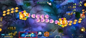JILI Happy Fishing's underwater scene showing a character aiming and betting. The user interface shows various in-game stats and FOMO7 India branding.