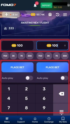 Aviatrix Game interface showing flight bet options, with buttons for placing a bet and auto play, and currency set in INR.