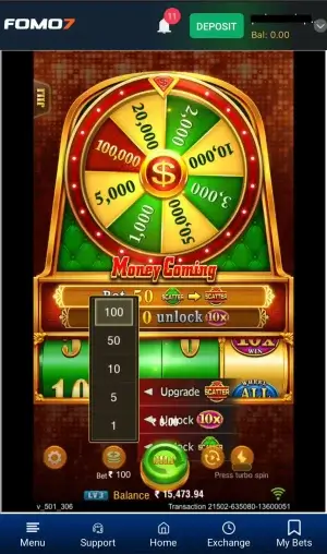 JILI Money Coming Game bonus wheel and bet options visible on the FOMO7 India mobile slot gameplay screen