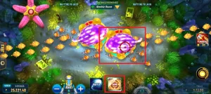 JILI Happy Fishing's character aiming at underwater creatures in the vibrant ocean setting, with the FOMO7 India branding visible on the screen.