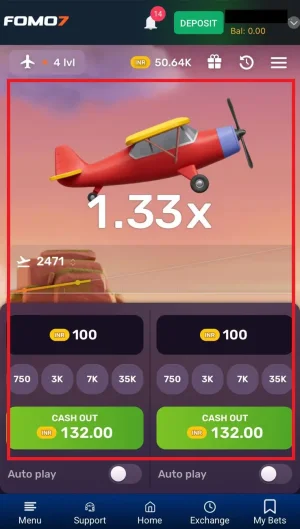 Aviatrix Game in action with a red plane flying, bet placed at 1.33x multiplier, and the option to cash out INR 132.