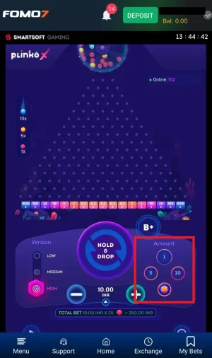 SmartSoft Plinko X Game interface with ball amount selection buttons for 1, 5, and 10 INR bet amounts displayed.