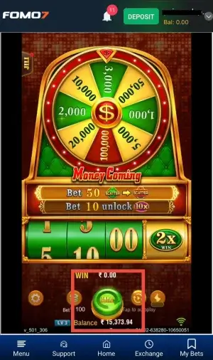 JILI Money Coming Game reels with multiplier symbol and spin button interface on FOMO7 India mobile casino screen
