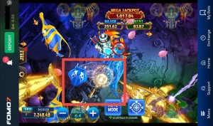 JILI Ocean King Jackpot interface highlighting the targeting and shooting mechanism as the player aims at underwater creatures, in FOMO7 India’s intense adventure.