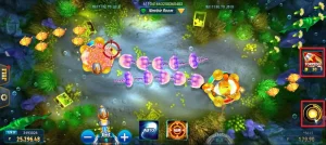 JILI Happy Fishing with a focus on the starfish, showcasing the game&rsquo;s interface and aiming mechanics, featuring FOMO7 India branding.