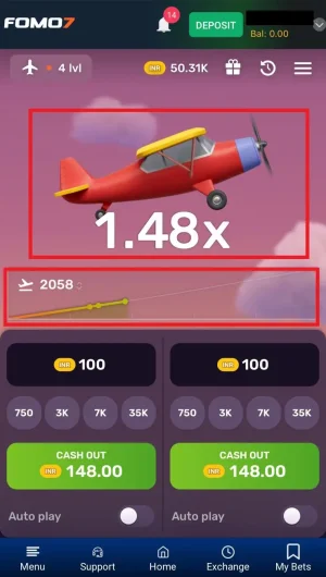 Aviatrix Game screen showing a plane at 1.48x multiplier with options to place a bet or cash out INR 148.