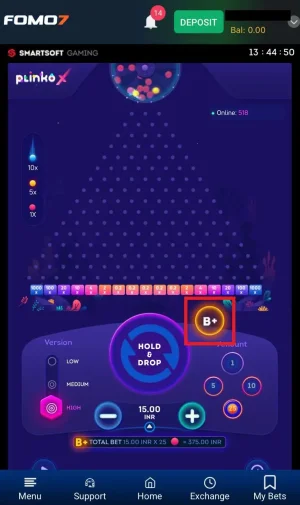 SmartSoft Plinko X Game interface showing the glowing 'B+ Mode' and total bet of 15 INR with multiplier.