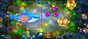 JILI Happy Fishing game screen showing the player's aim action and torpedo mode, with coins being collected, highlighted by FOMO7 India branding.