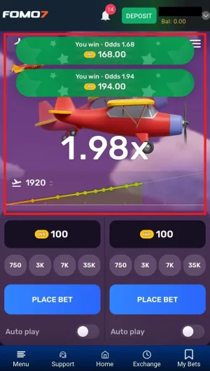 Aviatrix Game showing a plane at 1.98x multiplier, with winnings displayed at INR 168 and INR 194, and cash-out options.