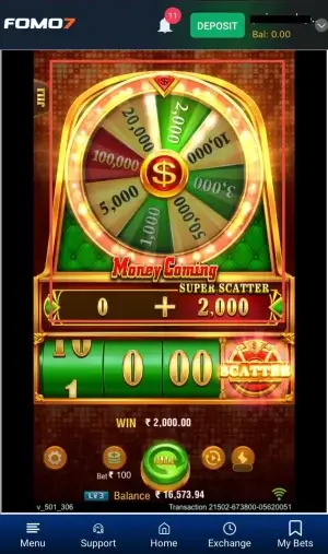 JILI Money Coming Game bonus wheel awarding ₹2,000 super scatter win on FOMO7 India mobile slot gameplay
