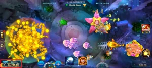 JILI Happy Fishing's explosive torpedo mode in action, targeting the underwater enemies, with the game interface and FOMO7 India branding visible.