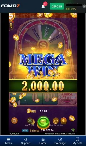 JILI Money Coming Game Mega Win screen showing ₹2,000 payout with coins animation on FOMO7 India slot game