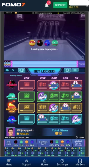 KM Marble Knockout bet locked screen with 2x Bonus chips placed across multiple teams, total stake of 10 chips as the race loads.