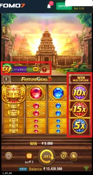 Fortune Gems 3 Extra Bets toggled ON, unlocking higher Win Multipliers up to 15x on the Special Reel.