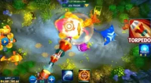 JILI Happy Fishing torpedo mode showcasing the game's vibrant colors and interface with FOMO7 India branding.